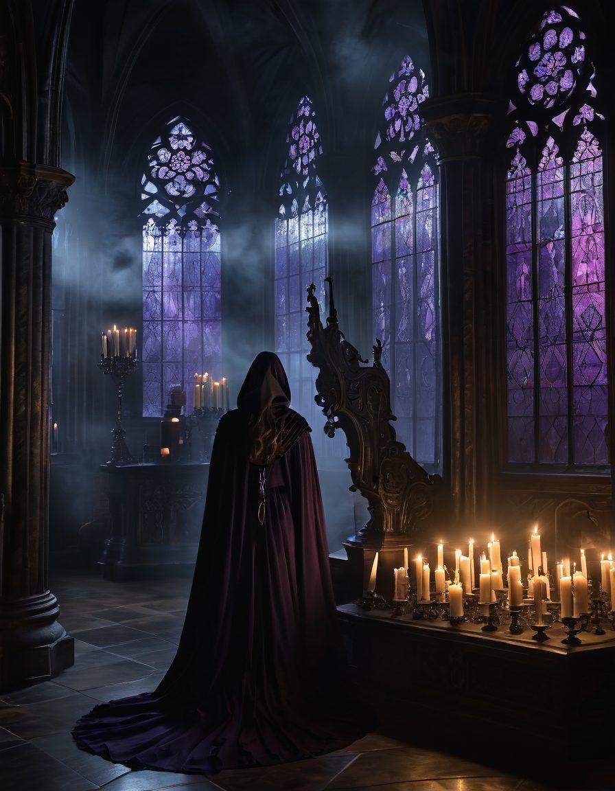 A dark, moody landscape shrouded in mist, featuring an ornate gothic cathedral with intricate details, towering spires, and eerie stained glass windows glowing faintly. In the foreground, a ghostly figure draped in a flowing black cloak emanates an air of both elegance and mystery, surrounded by swirling shadows and faintly illuminated candles. The color palette consists of deep purples, blacks, and hints of silver to enhance the sinister allure. atmospheric, super-realistic, dark fantasy.