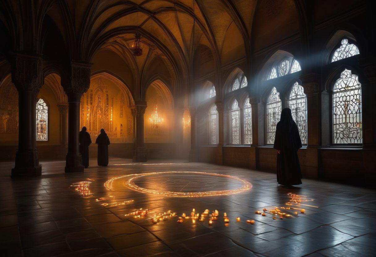 A mysterious scene depicting shadowy nuns in dark, flowing robes, performing esoteric rituals under a dimly lit vaulted ceiling, with flickering candles casting eerie shadows. The ambiance is rich with ominous symbols and ethereal mist swirling around them, creating an air of intrigue. The background features stained glass windows glowing faintly, enhancing the mystical allure. super-realistic. dark tones. atmospheric lighting.