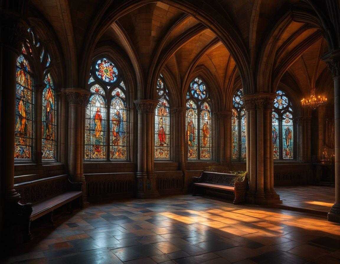 A mystical, dimly-lit gothic cathedral interior, with intricately carved stone arches and stained glass windows casting colorful shadows. A ghostly figure in ethereal robes wanders among flickering candlelight, creating an alluring yet haunting atmosphere. Lush dark florals and eerie, ancient relics add to the spiritual essence. The scene evokes both elegance and mystery. super-realistic. vibrant colors. chiaroscuro lighting.